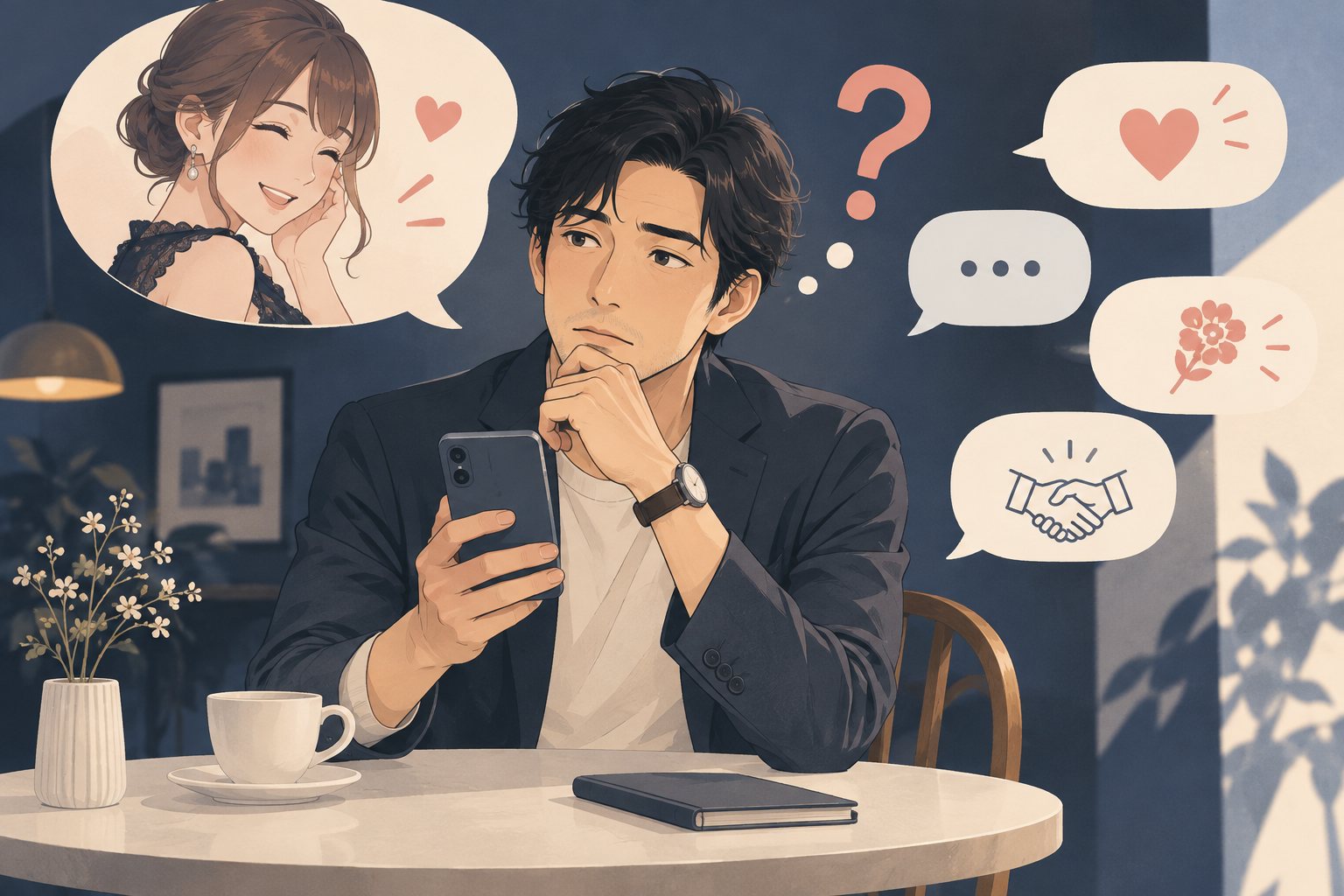 スマートフォンのメッセージを見て相手の気持ちを考える成人男性のイラスト