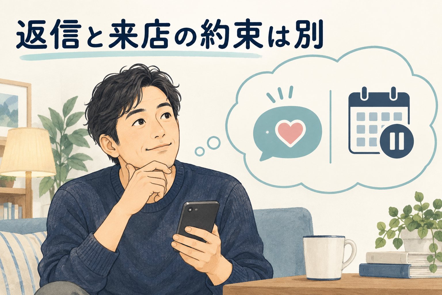 LINEの会話を楽しむことと来店の約束を分けて考える男性のイラスト
